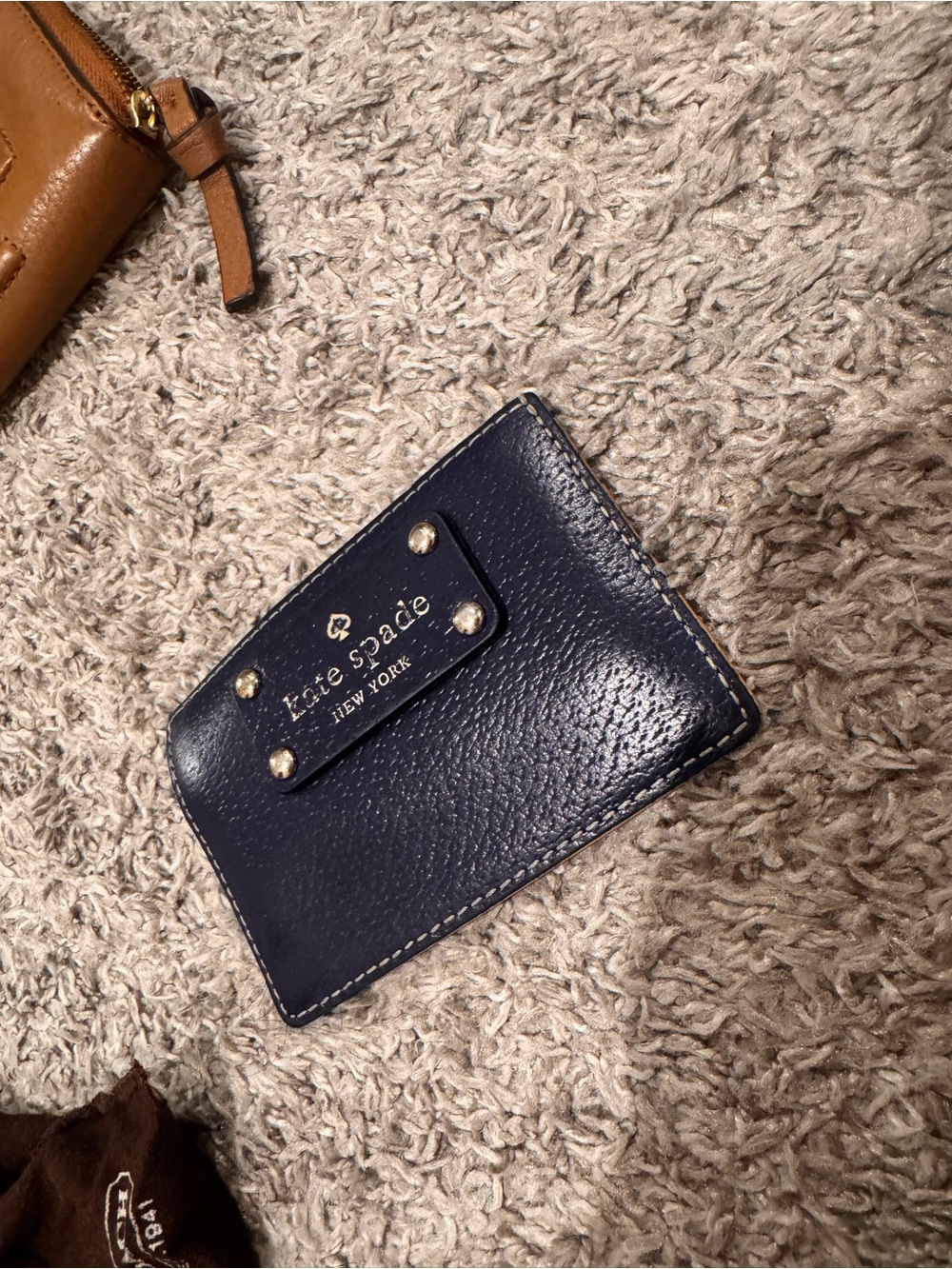 kate spade Navy Blue Pebbled Leather Card Holder with Gold Plaque